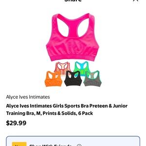 Girls Sports Bra 6-Pack - Pink, Orange, Black, Gray, Green
